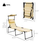 Outdoor Lounge Chair, 4 Position Adjustable Backrest, Folding, Cushioned w/ Sun Shade Roof & Pillow, Cream White - Image 3