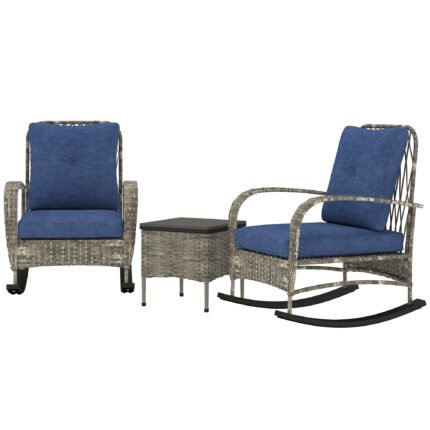 3 Piece Wicker Patio Furniture Set with Outdoor PE Rattan Rocking Chairs