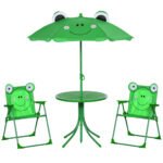 Kids Table and Chair Set, Outdoor Folding Garden Furniture, Picnic Table for Patio Backyard, with Removable & Height Adjustable Sun Umbrella, Green Frog