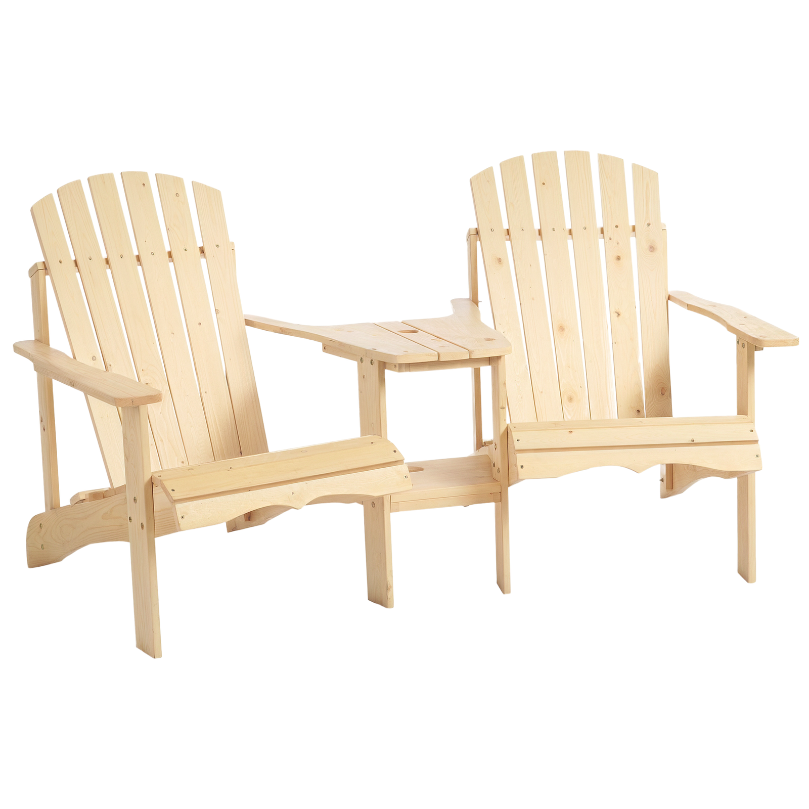 m6gb0b19782b43d39.png Fire Pit Seating, 2 Wooden Adirondack Chairs with Outdoor Table & Umbrella Hole, Wood 2 Person Adirondack Bench, Natural - Image 1