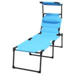 Outdoor Lounge Chair, 4 Position Adjustable Backrest, Folding, Cushioned w/ Sun Shade Roof & Pillow, Blue