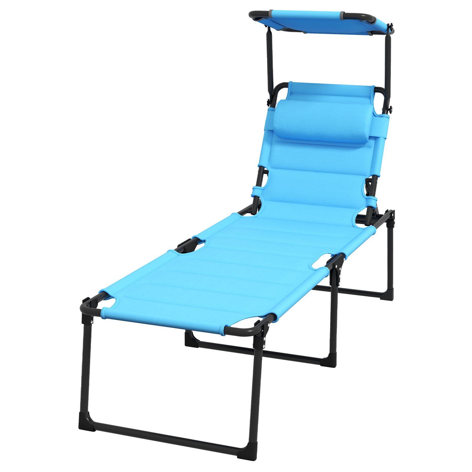 m7b55518ca134cd2a.jpg Outdoor Lounge Chair, 4 Position Adjustable Backrest, Folding, Cushioned w/ Sun Shade Roof & Pillow, Blue - Image 1