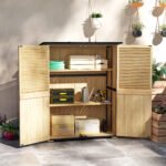 Wood Storage Shed, Outdoor Garden Shed with Asphalt Roof, 2 Shelves, Lockable Doors and Adjustable Feet, Natural - Image 2