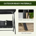 3-Seat Patio Swing Chair, Porch Swing Glider with Cushion, 3 Throw Pillows & Adjustable Canopy for Porch, Garden, Poolside, Backyard, Black - Image 7