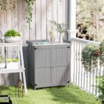 Outdoor Storage Cabinet, Garden Tool Shed with Metal Tabletop and Shelf, Wooden Potting Bench with 2 Doors, Gray - Image 2