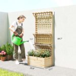 Wooden Raised Garden Bed with Trellis and Roof, Elevated Planter Box with 2 Shelves, Drainage Hole and Liner, Natural - Image 3