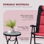 3 Piece Outdoor Patio Furniture Set with Glass Coffee Table & 2 Folding Padded Rocking Chairs, Bistro Style for Porch, Camping, Balcony, Red - Image 6