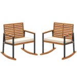 Acacia Wood Outdoor Lawn Rocking Chair Set of 2, Outdoor Patio Rocking Chairs with Armrests, Cushion, Cream White