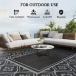 Reversible Outdoor Rug, Waterproof Plastic Straw with Carry Bag, 9' x 18', Black & Gray Gourd Border - Image 6