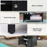 Outdoor Storage Cabinet with Acacia Wood Top, Two Doors, Shelf, Wicker Bar Table for Pool Towel Storage, Black - Image 7