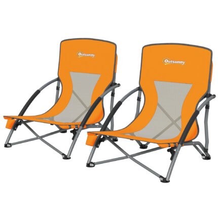 Set of 2 Folding Beach Chairs with Mesh Back, Carry Bag and Cup Holder for Outdoor Camping Lawn Sports Picnic