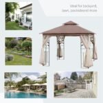 10' x 10' Metal Patio Gazebo, Double Roof Outdoor Gazebo Canopy Shelter with Tree Motifs Corner Frame and Netting, for Garden, Lawn, Backyard, and Deck, Brown - Image 7