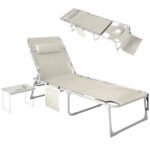 Tanning Chair with Face Hole and Side Table, 5-Position Folding Outdoor Chaise Lounge Chair, Beige