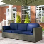 Patio Couch PE Wicker Deep Seating Outdoor Sofa with Removable Cushions, 3 Seater Rattan Sofa, Outdoor Furniture for Balcony, Deck, Garden and Poolside, Navy Blue - Image 2