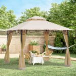 10' x 10' Outdoor Patio Gazebo Canopy Tent with Mesh Sidewalls, 2-Tier Canopy for Backyard, Beige - Image 2