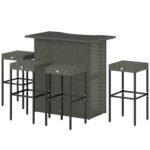 5 Piece Rattan Wicker Bar Set, High Top Outdoor Table and Chairs, Bar Height Patio Set, 2 Shelves & 4 Bar Stools, Gray