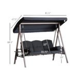 3-Seat Patio Swing Chair, Outdoor Porch Swing Glider with Adjustable Canopy, Removable Cushion, Pillows and Side Trays, for Garden, Poolside, Backyard, Black - Image 3