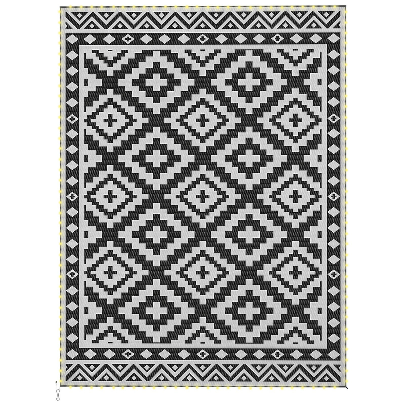 nCbb0c19d9f9dc11b.jpg Outdoor Rug Carpet Reversible Plastic Straw Rug with LED Lights Black and White 12' x 9' for Patio - Image 1