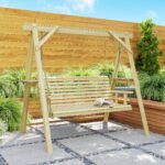 3 Seat Wooden Porch Swing with Stand, Patio Swing with Side Tables, for Garden, Poolside, Backyard, Natural Wood - Image 8