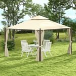 10' x 12' Outdoor Patio Gazebo with Curtains, Two-Tier Roof, Beige - Image 8