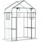 Outdoor Walk-in Mini Greenhouse with Mesh Door & Windows, Small Portable Garden Green House with 3 Tiers 6 Shelves, Trellis, & Plant Labels