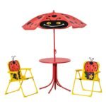 Kids Table and Chair Set, Outdoor Folding Garden Furniture, Picnic Table for Patio Backyard, with Removable & Height Adjustable Sun Umbrella, Red