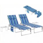 Tanning Chair Set of 2 with Face Hole and Side Table, 5-Position Folding Outdoor Chaise Lounge Chair, Blue Stripe