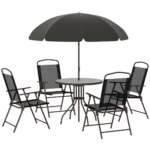 6 Piece Patio Dining Set for 4 with Umbrella, Outdoor Table and Chairs with 4 Folding Dining Chairs & Round Glass Table for Garden, Backyard and Poolside, Black and Coffee