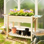 Wood Raised Planter Box, Elevated Garden Bed with Lockable Wheels, Side Tables, Bottom Shelf, Drain Holes, Natural - Image 2