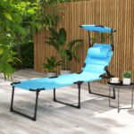 Outdoor Lounge Chair, 4 Position Adjustable Backrest, Folding, Cushioned w/ Sun Shade Roof & Pillow, Blue - Image 2