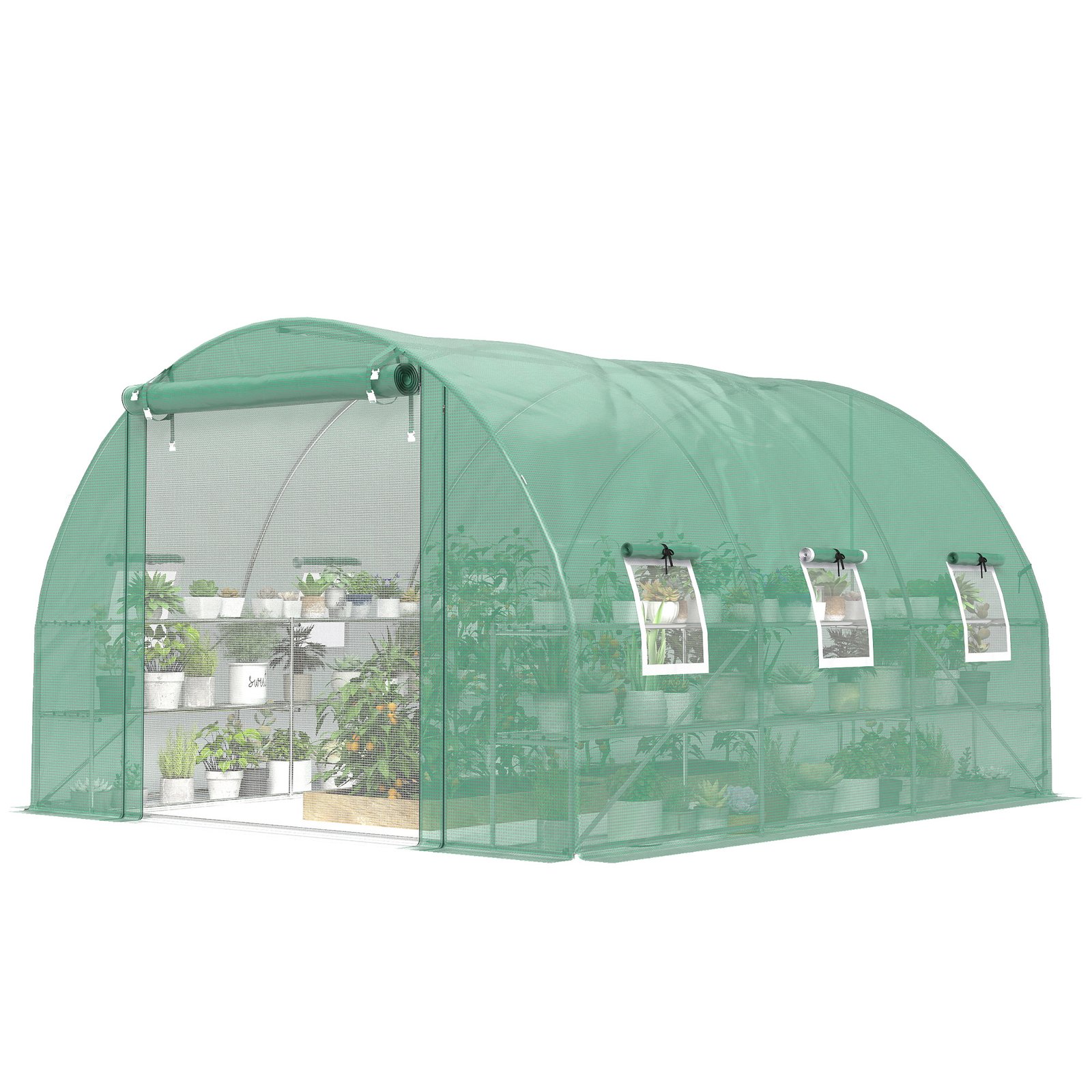 oCm81819da88a9afb.jpg 10'x11'x6' Walk-in Tunnel Greenhouse with Shelves, Mesh Door and Windows, Hoop House Greenhouse with PE Cover, Green - Image 1