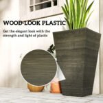 Set of 3 Tall Planters, 28" Outdoor Planter w/ Drainage Holes, Faux Wood Plastic Flower Pots, Dark Brown - Image 6