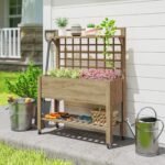 41" Raised Garden Bed Mobile Elevated Wooden Planter Box Stand with Wheels, Trellis and Storage Shelf, Dark Brown - Image 7