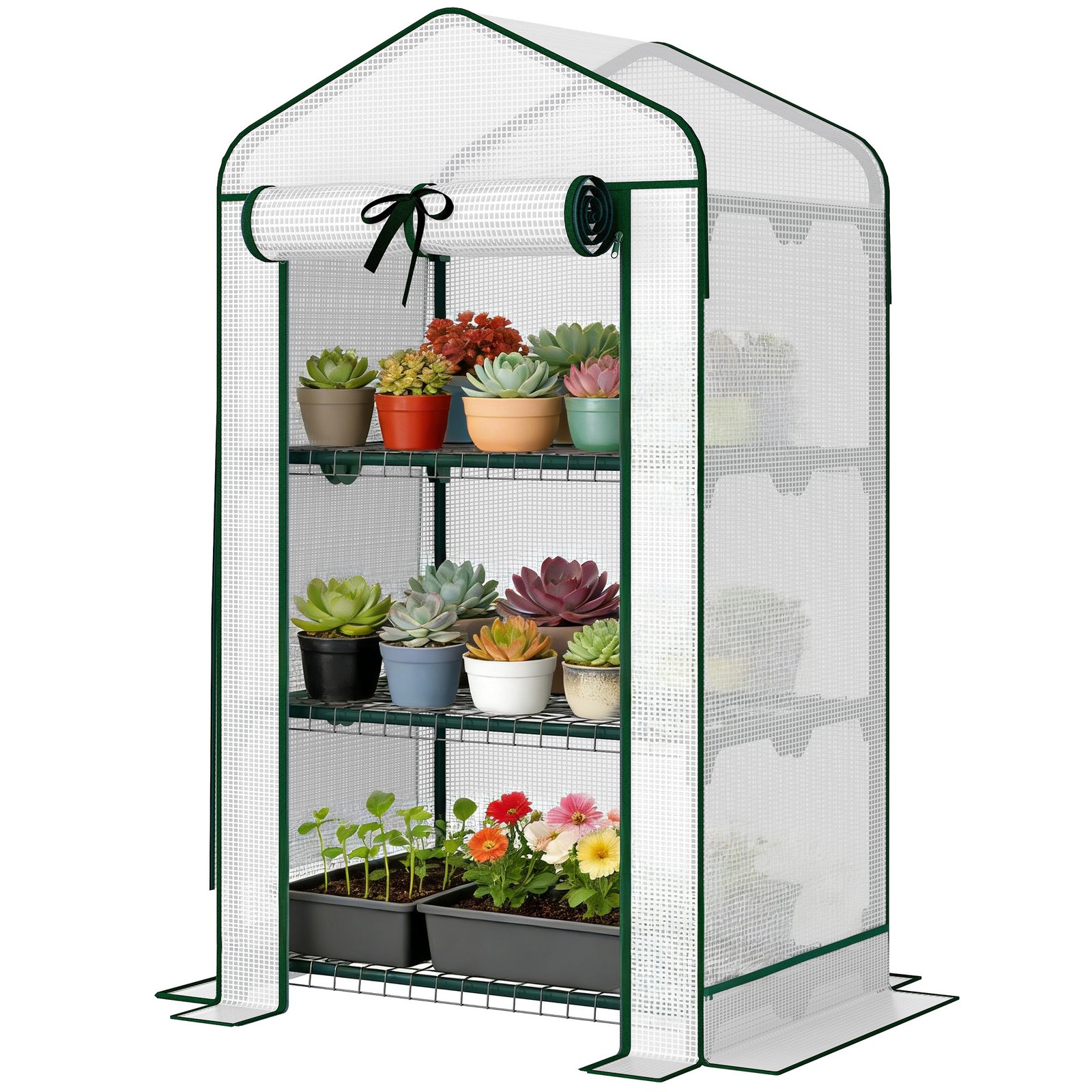 oSM05219dad773a39.jpg Mini Greenhouse with Screen Roof, Portable Small Greenhouse with Roll-Up Zipper Door, 27.6" x 19.7" x 50", White - Image 1