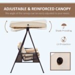 3-Seat Patio Swing Chair, Outdoor Porch Swing Glider with Adjustable Canopy, Removable Cushion, Pillows and Side Trays, for Garden, Poolside, Backyard, Beige - Image 4