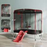 4 x 6FT Trampoline for Kids Indoor & Outdoor with Slide, Swing, Basketball Hoop and Safety Enclosure, Red - Image 3