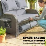 Patio Rattan Daybed, Wicker Outdoor Daybed with Storage Ottoman, Loveseat w/ Adjustable Backrest, Gray - Image 8