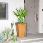 Set of 3 Tall Planters, 28" Outdoor Planter w/ Drainage Holes, Faux Wood Plastic Flower Pots, Light Brown - Image 3