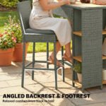 5 Piece Wicker Outdoor Bar Set, Acacia Wood Outdoor High Top Table and Chairs with 3 Tier Shelves, Cushions, Gray - Image 8