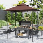 8' x 5' BBQ Grill Gazebo, 2-Tier Outdoor BBQ Gazebo with 2 Side Shelves, Storage Baskets, Ceiling Hook, Dark Brown - Image 2