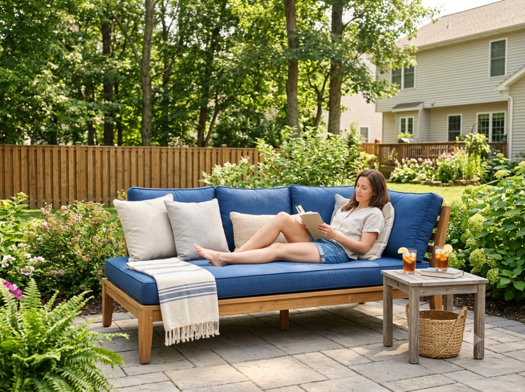 Woman relaxing with a book on blue cushioned outdoor patio seating