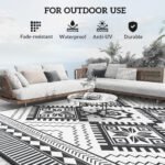 Reversible Outdoor Rug, Waterproof Plastic Straw with Carry Bag, 9' x 12', White & Black Toothed Rhombus - Image 6