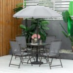 6 Piece Patio Dining Set for 4 with Umbrella, with 4 Folding Dining Chairs & Round Glass Table for Garden, Gray - Image 2