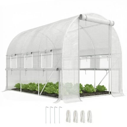 Walk-In Tunnel Greenhouse with Mesh Windows, Zippered Door & PE Cover, 9' x 6' x 6', White