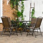 5 Pieces Patio Table and Chairs, Foldable Wicker Outdoor Dining Table Set with Umbrella Hole, Dark Brown - Image 2