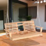 3-Seater Wood Porch Swing, Patio Swing Bench with Folding Coffee Table, Cup Holders, 440lbs Weight Capacity, Natural - Image 2