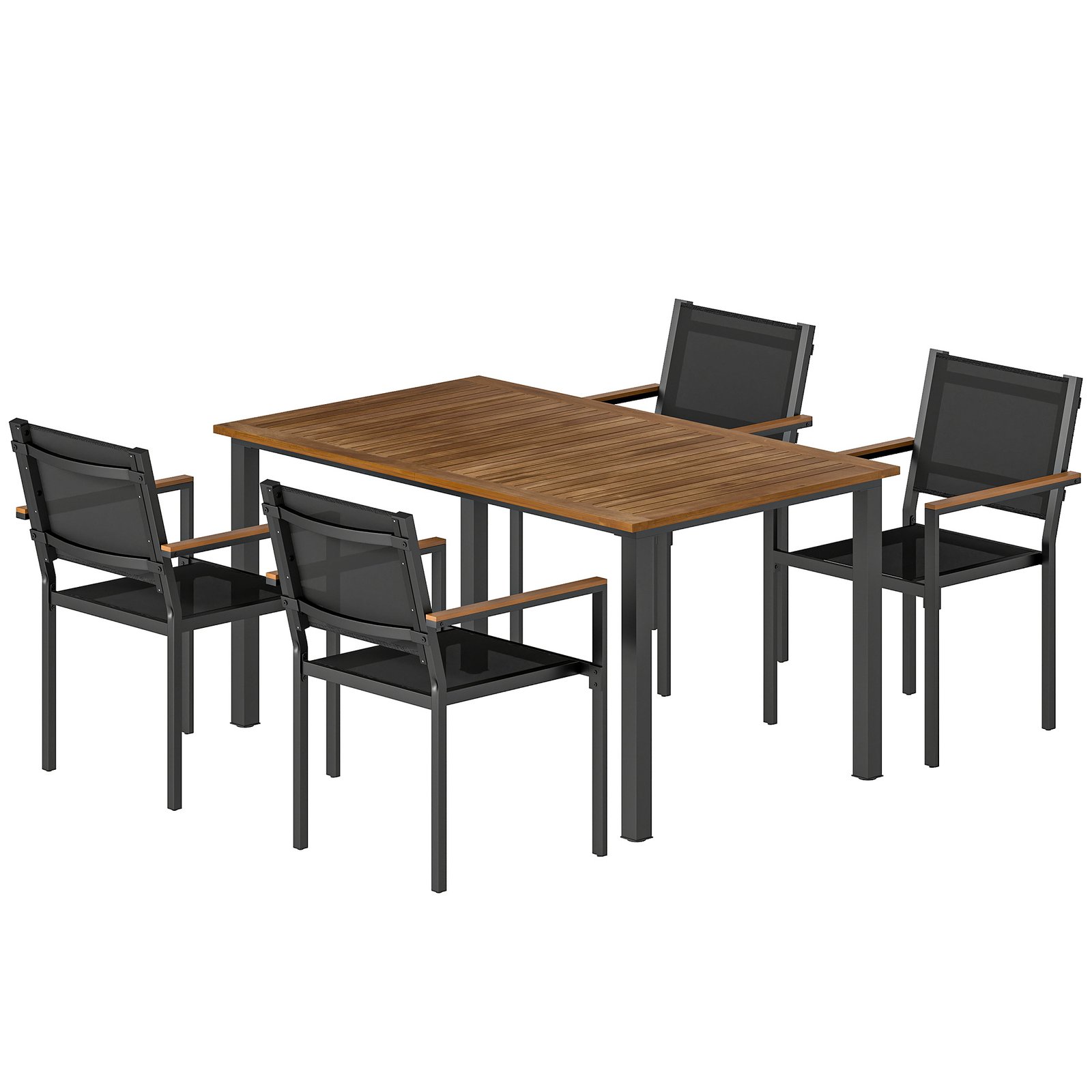 pQE9ba19da71f83cd.jpg Outdoor Dining Set for 4, Patio Table and Chairs Set with 59" Rectangle Acacia Wood Table and 352 LBS Stackable Chairs - Image 1
