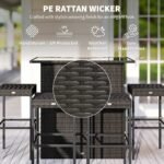 5 Piece Rattan Wicker Bar Set, High Top Outdoor Table and Chairs, Bar Height Patio Set, 2 Shelves & 4 Bar Stools, Brown - Image 5