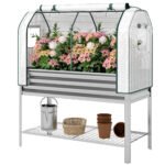 Galvanised Raised Garden Bed with Greenhouse Cover, Metal Elevated Garden Bed with Bed Liner, Bottom Shelf, Silver
