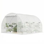 10'x11'x6' Walk-in Tunnel Greenhouse with Shelves, Mesh Door and Windows, Hoop House Greenhouse with PE Cover, White